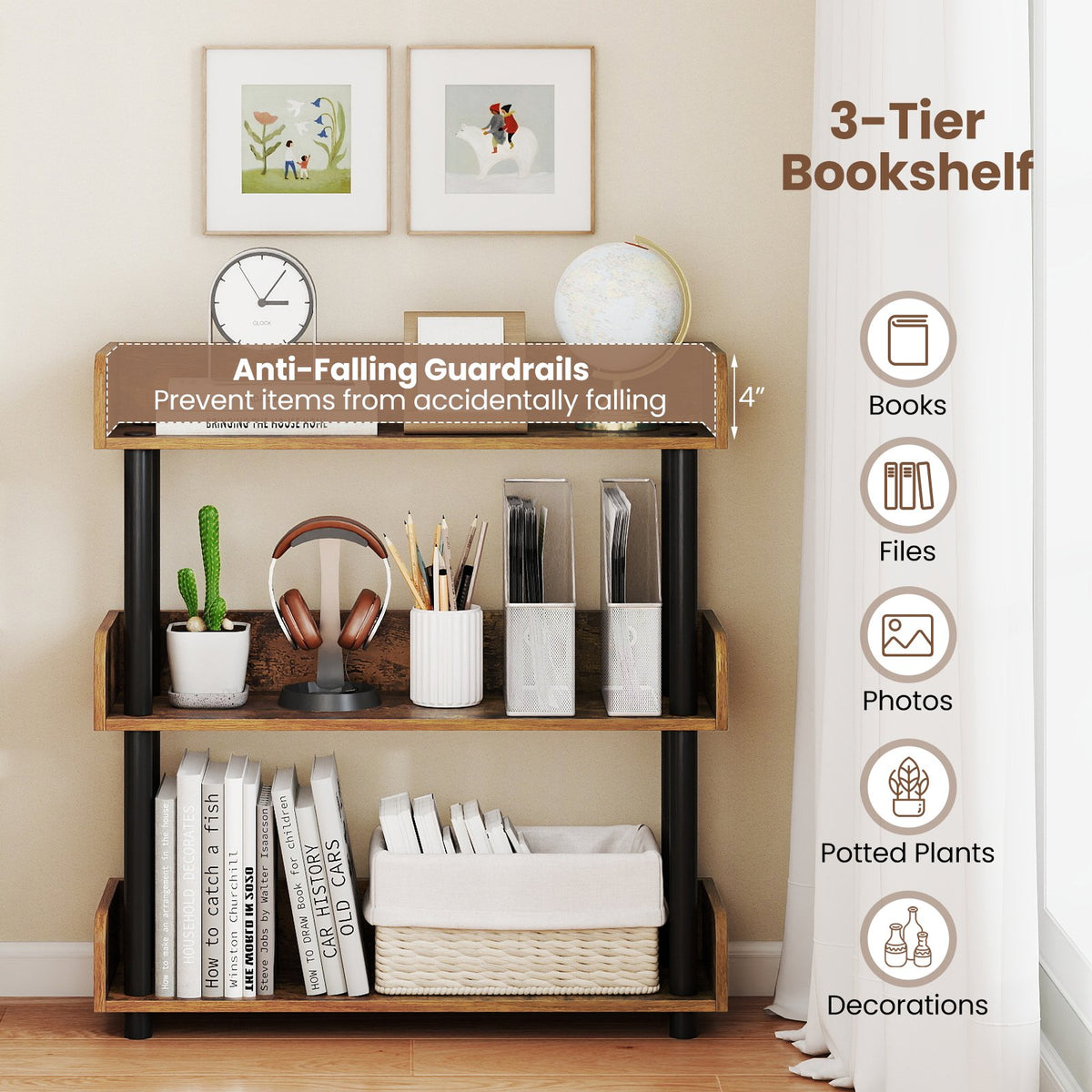 3-Tier Bookshelf with Anti-Tipping Kit and Industrial Storage Unit for Living Room-Rustic Brown view 9