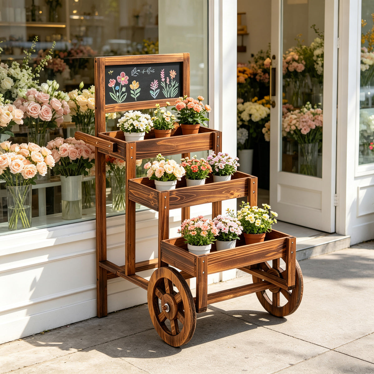 3-Tier Carbonized Fir Wood Plant Display Stand Wooden Dessert Candy Cart-Brown view 2