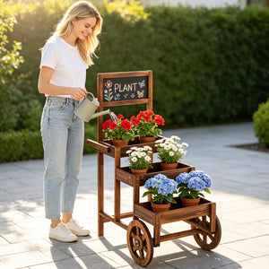 3-Tier Carbonized Fir Wood Plant Display Stand Wooden Dessert Candy Cart-Brown view 3