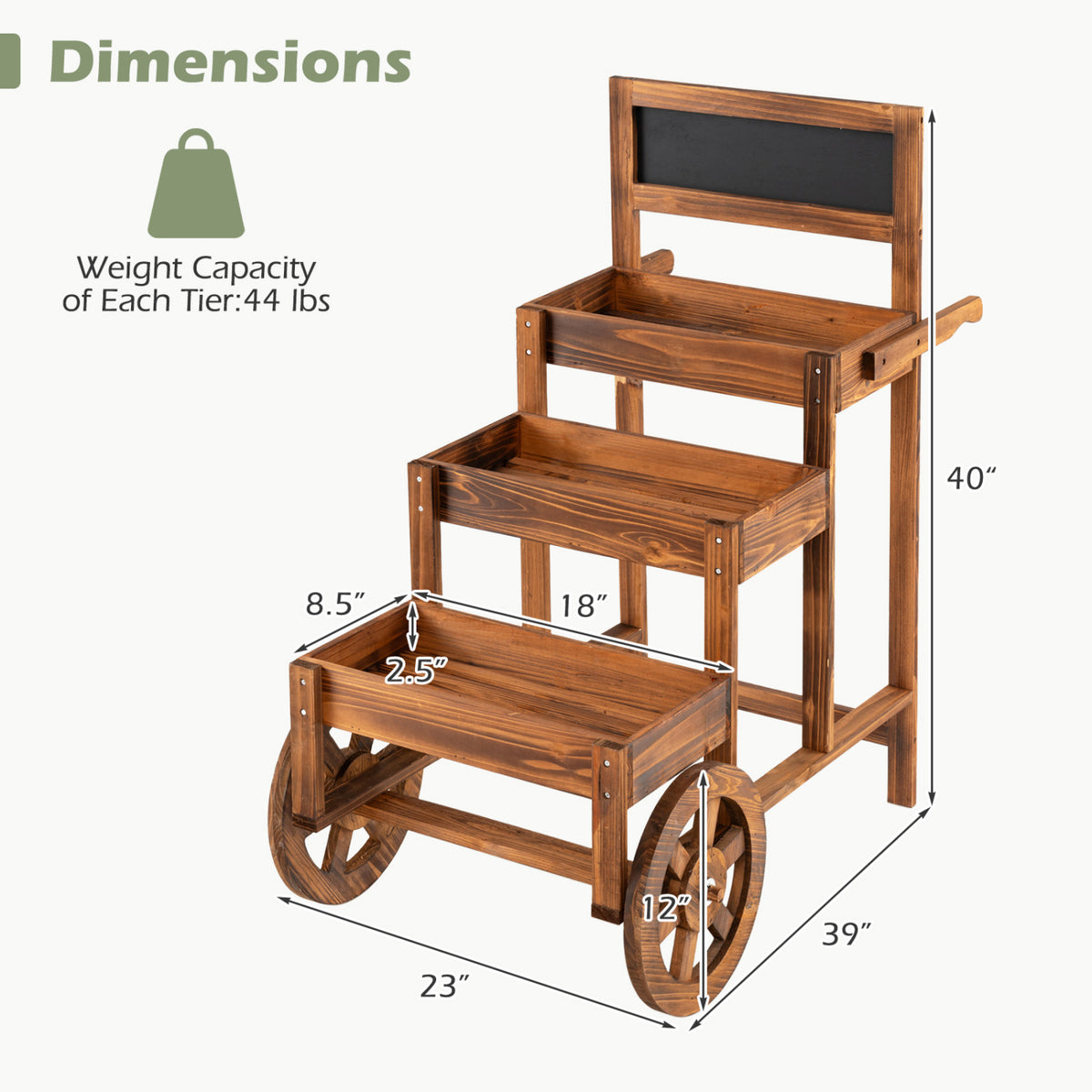 3-Tier Carbonized Fir Wood Plant Display Stand Wooden Dessert Candy Cart-Brown view 5