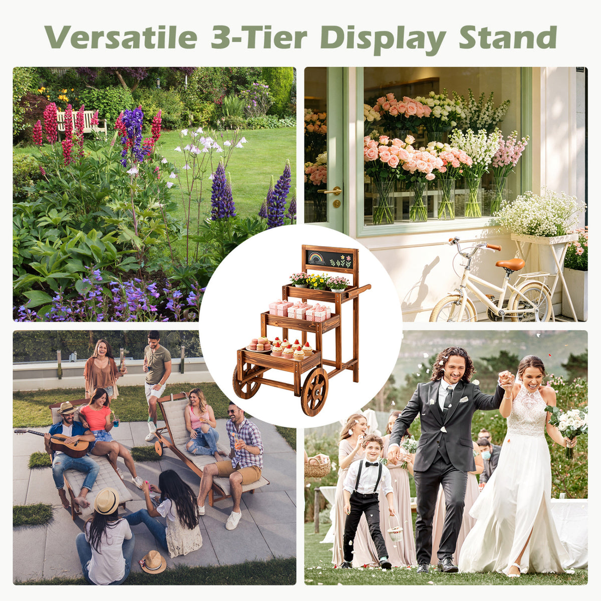 3-Tier Carbonized Fir Wood Plant Display Stand Wooden Dessert Candy Cart-Brown view 6