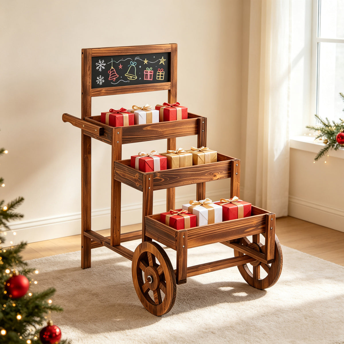 3-Tier Carbonized Fir Wood Plant Display Stand Wooden Dessert Candy Cart-Brown view 8