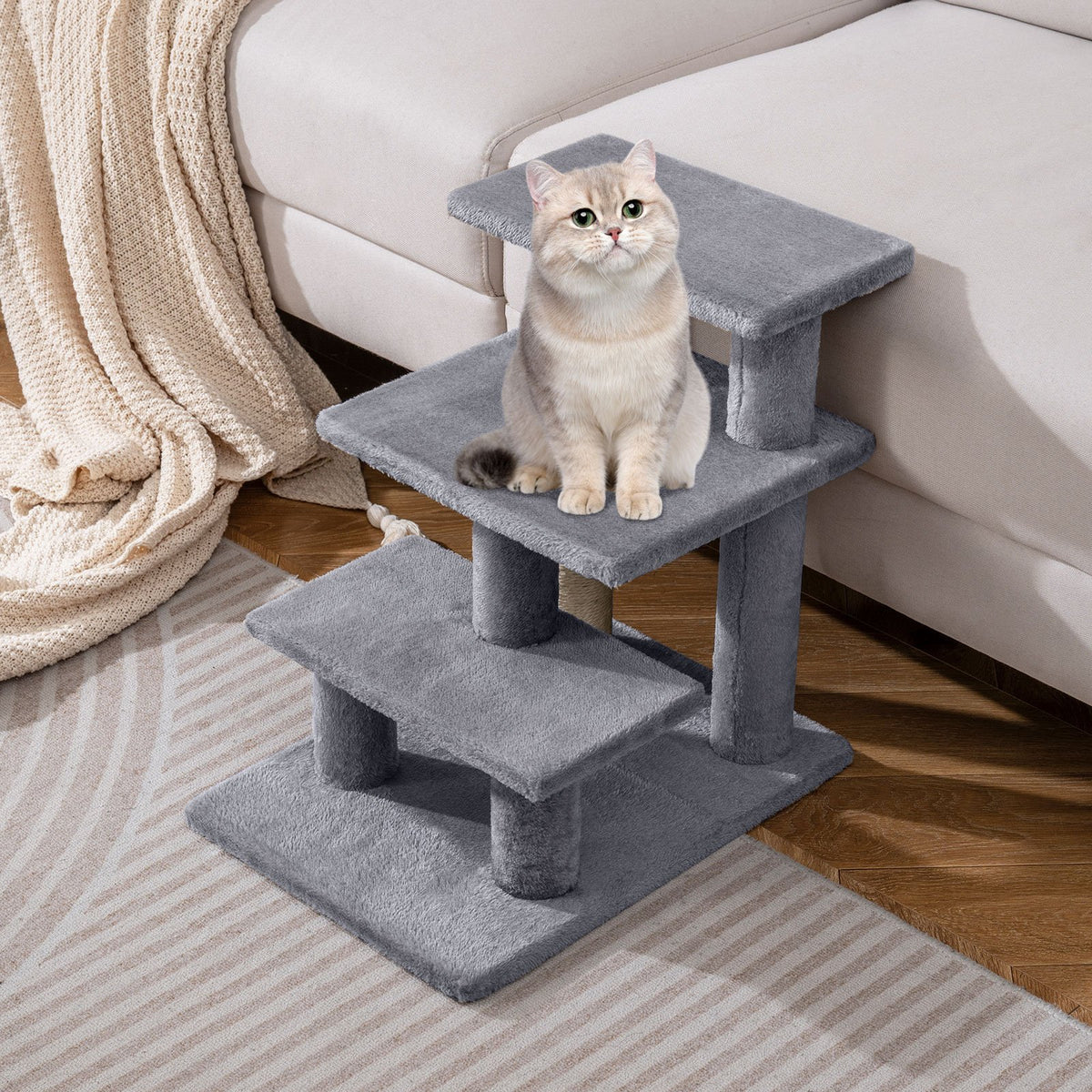 3-Tier Cat Stairs 19 Inch Plush Steps with Scratching Posts for High Bed Sofa-Gray view 2