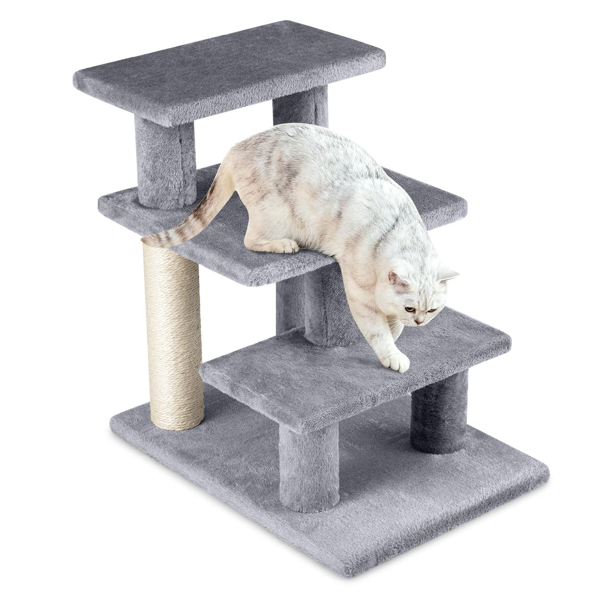 3-Tier Cat Stairs 19 Inch Plush Steps with Scratching Posts for High Bed Sofa-Gray view 4