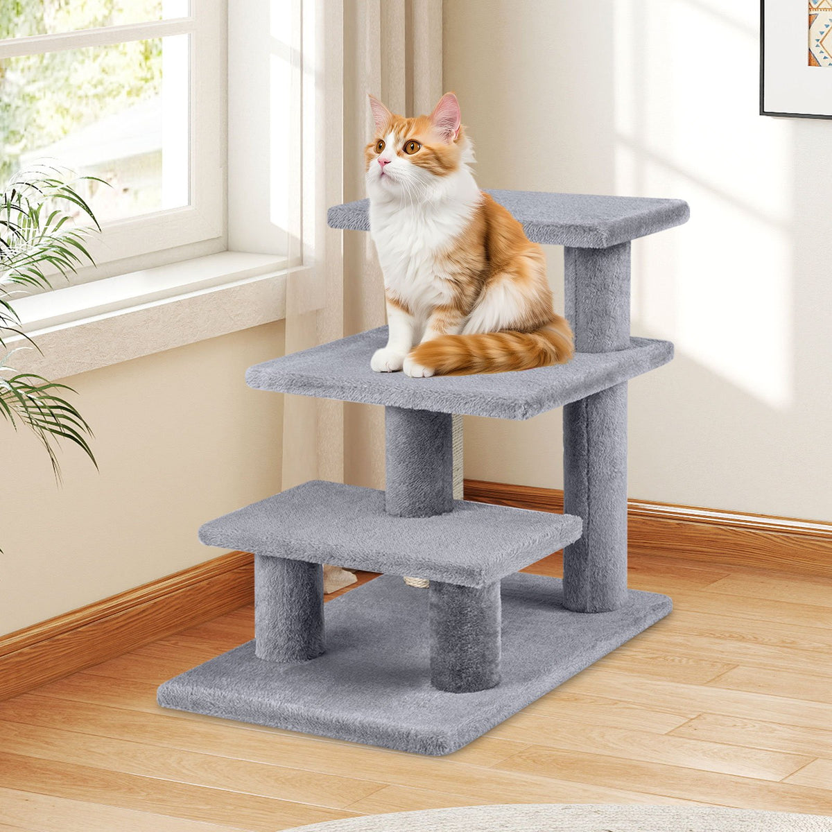 3-Tier Cat Stairs 19 Inch Plush Steps with Scratching Posts for High Bed Sofa-Gray view 6