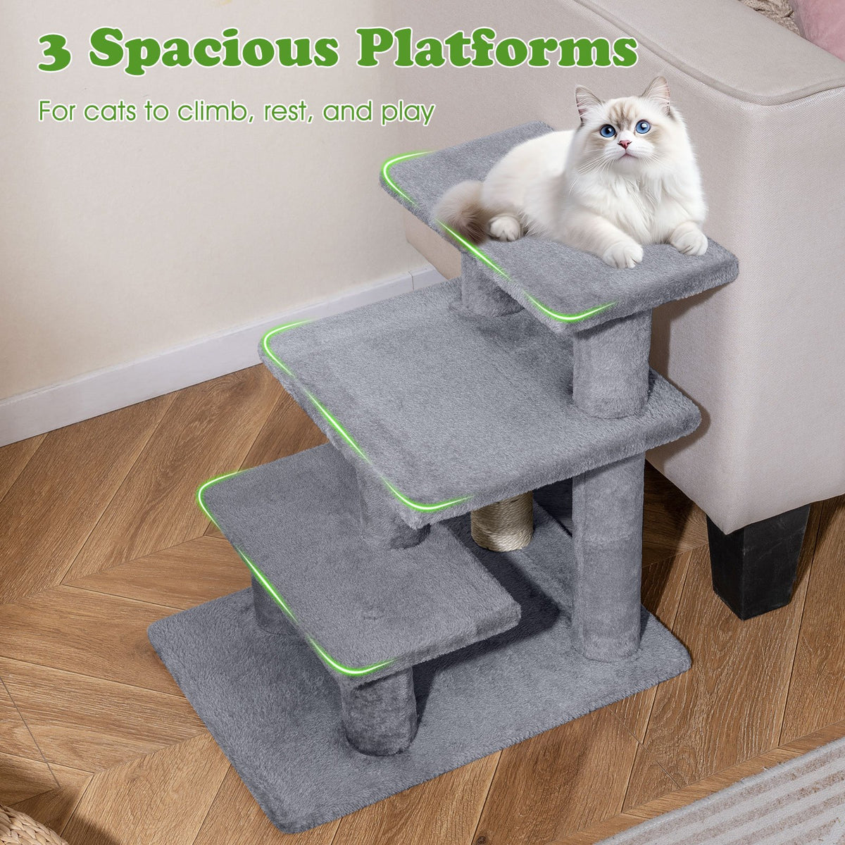 3-Tier Cat Stairs 19 Inch Plush Steps with Scratching Posts for High Bed Sofa-Gray view 7