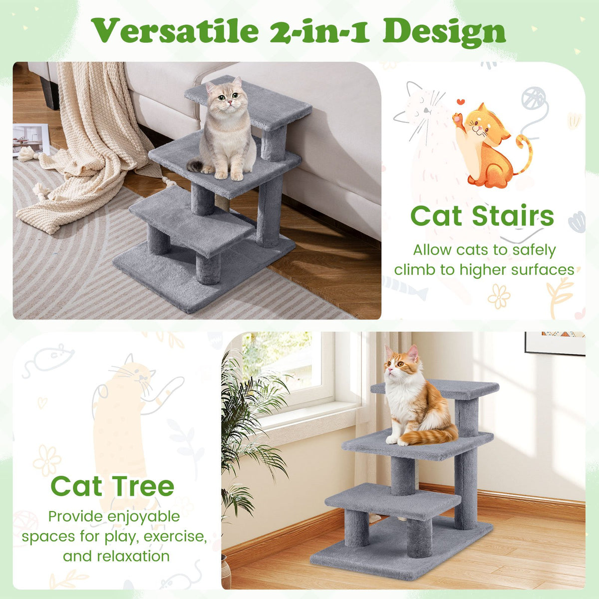 3-Tier Cat Stairs 19 Inch Plush Steps with Scratching Posts for High Bed Sofa-Gray view 9
