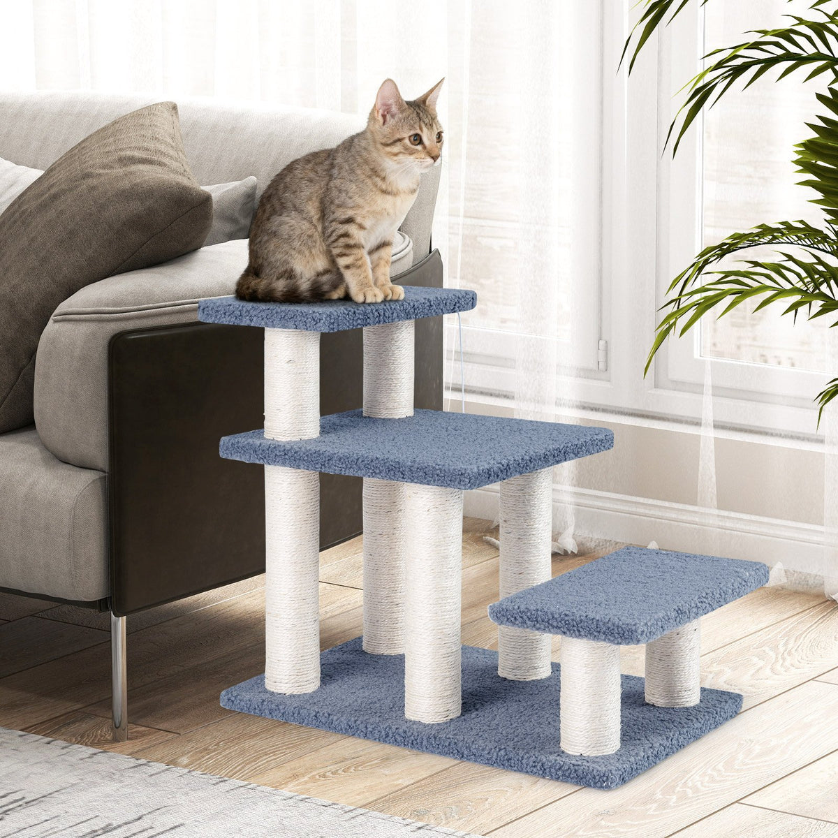 3-Tier Cat Stairs 20 Inch with Scratching Posts and Hanging Toy Ball-Gray view 3