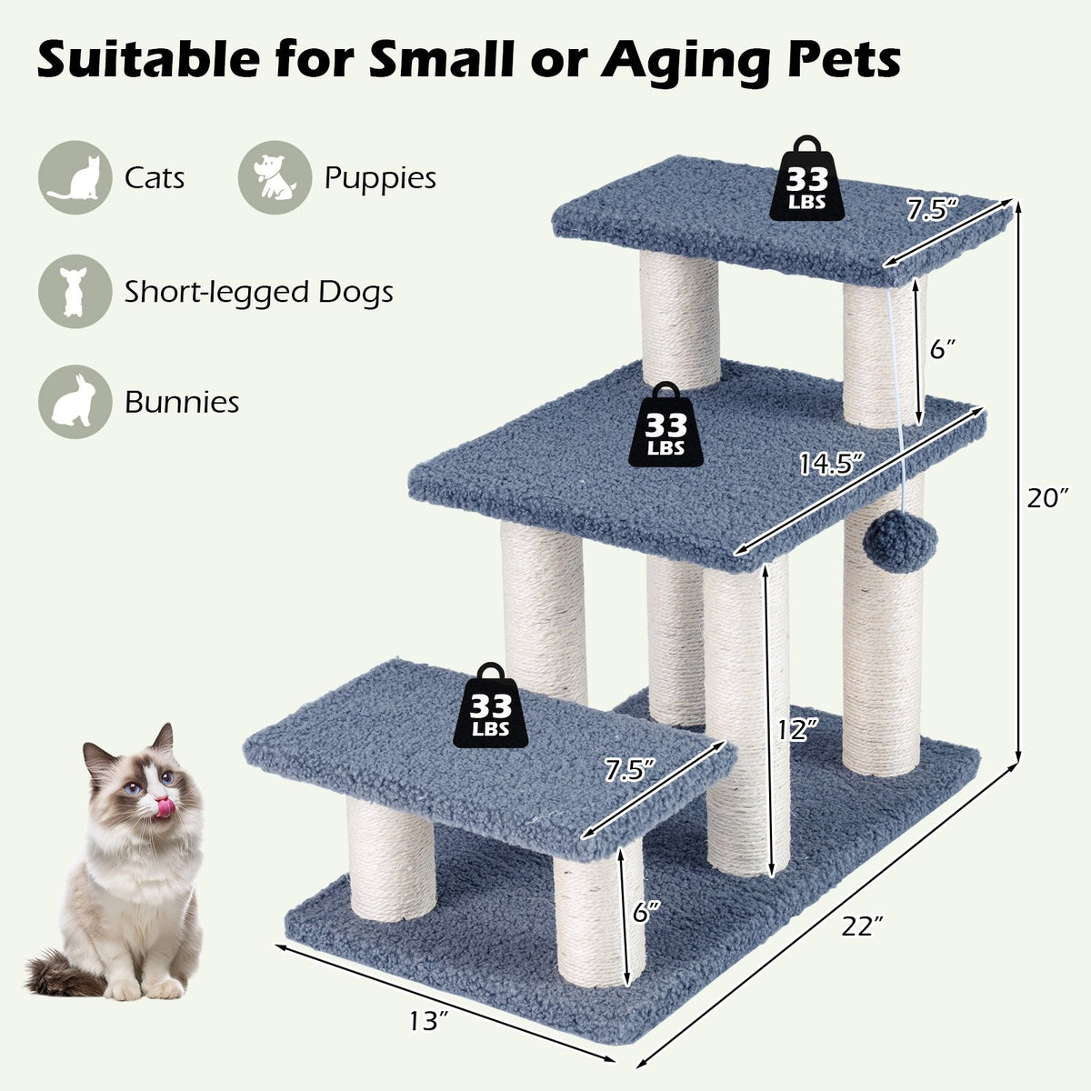 3-Tier Cat Stairs 20 Inch with Scratching Posts and Hanging Toy Ball-Gray view 4