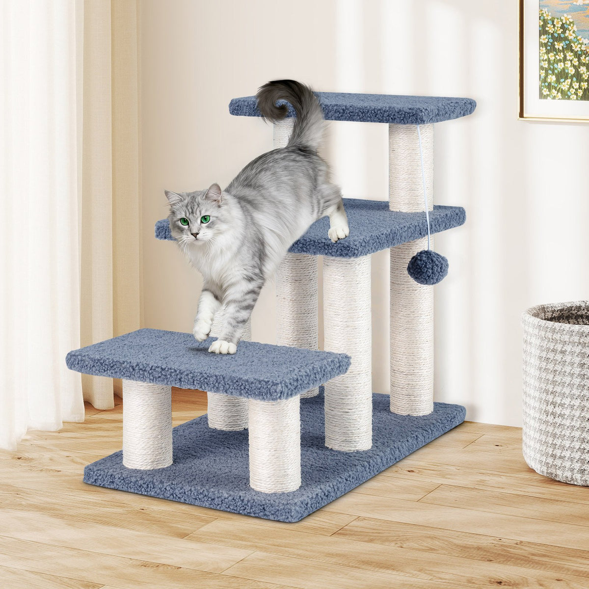 3-Tier Cat Stairs 20 Inch with Scratching Posts and Hanging Toy Ball-Gray view 5