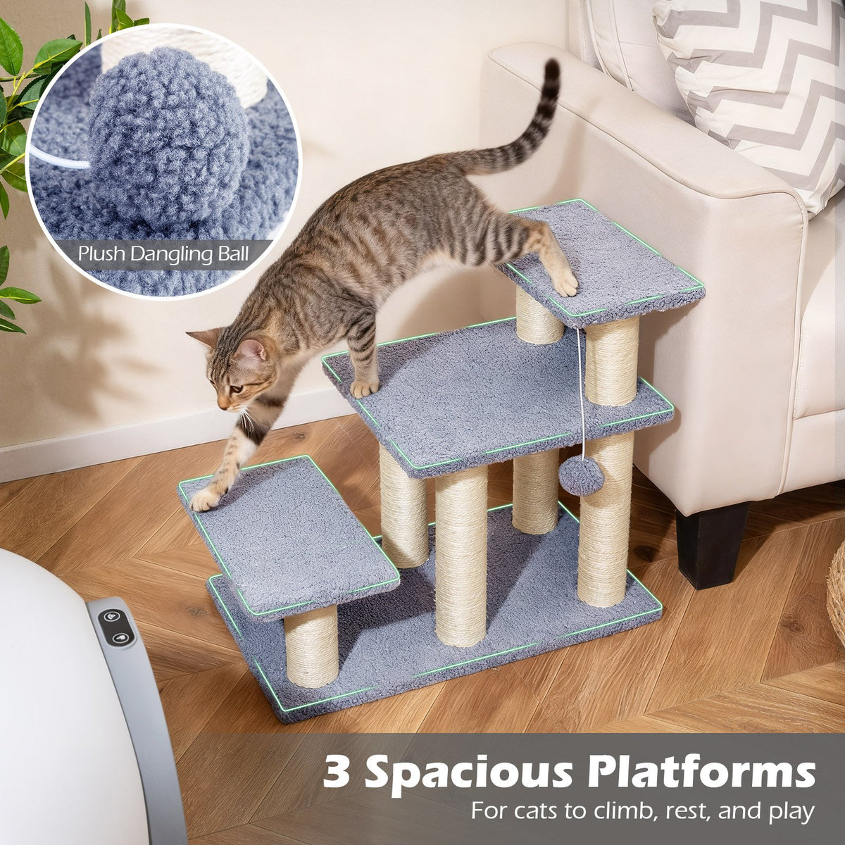 3-Tier Cat Stairs 20 Inch with Scratching Posts and Hanging Toy Ball-Gray view 6