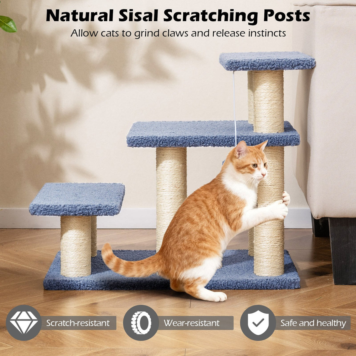 3-Tier Cat Stairs 20 Inch with Scratching Posts and Hanging Toy Ball-Gray view 7