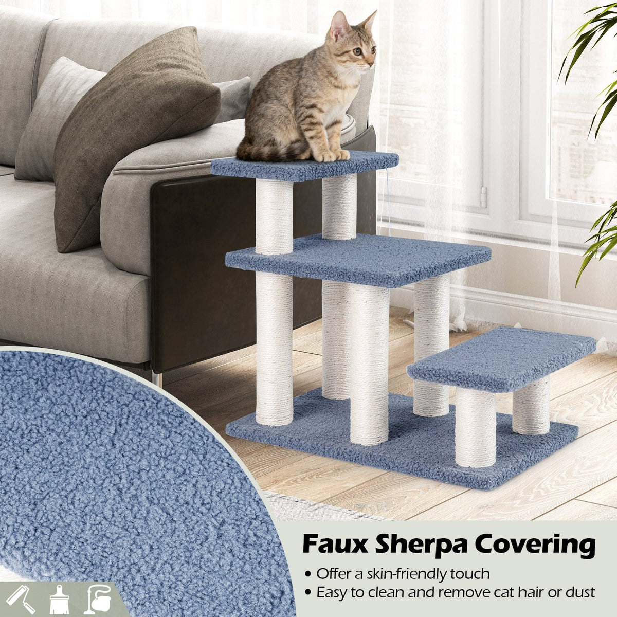 3-Tier Cat Stairs 20 Inch with Scratching Posts and Hanging Toy Ball-Gray view 9