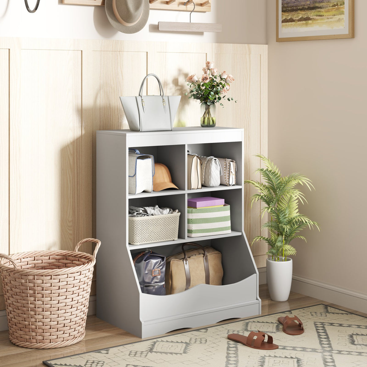 3-Tier Children's Multi-Functional Bookcase Toy Storage Bin Floor Cabinet-Gray view 2