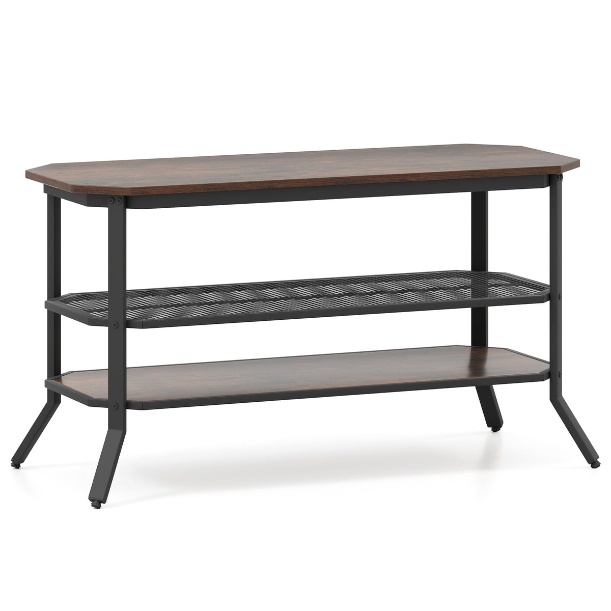 3-tier Console Table TV Stand with Mesh Storage Shelf-Rustic Brown