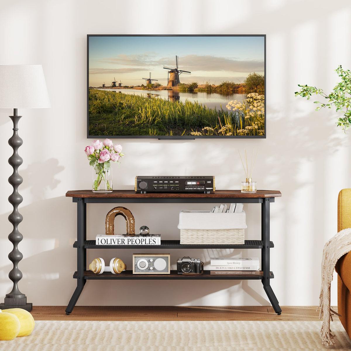 3-tier Console Table TV Stand with Mesh Storage Shelf-Rustic Brown view 2