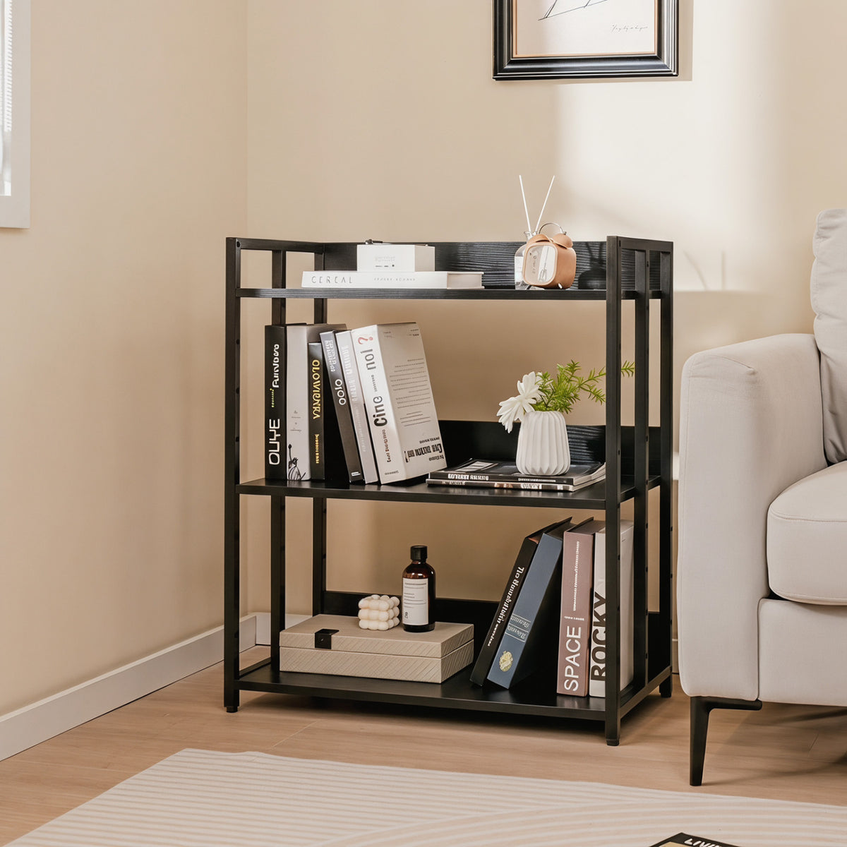 3-Tier Corner Bookshelf with Adjustable Shelves and Anti-Toppling Device for Study-Black view 2