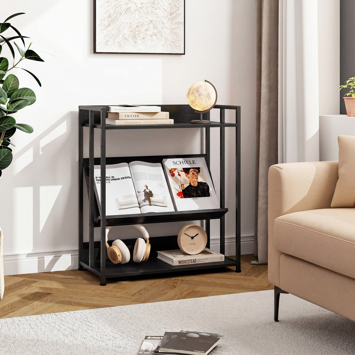 3-Tier Corner Bookshelf with Adjustable Shelves and Anti-Toppling Device for Study-Black view 3