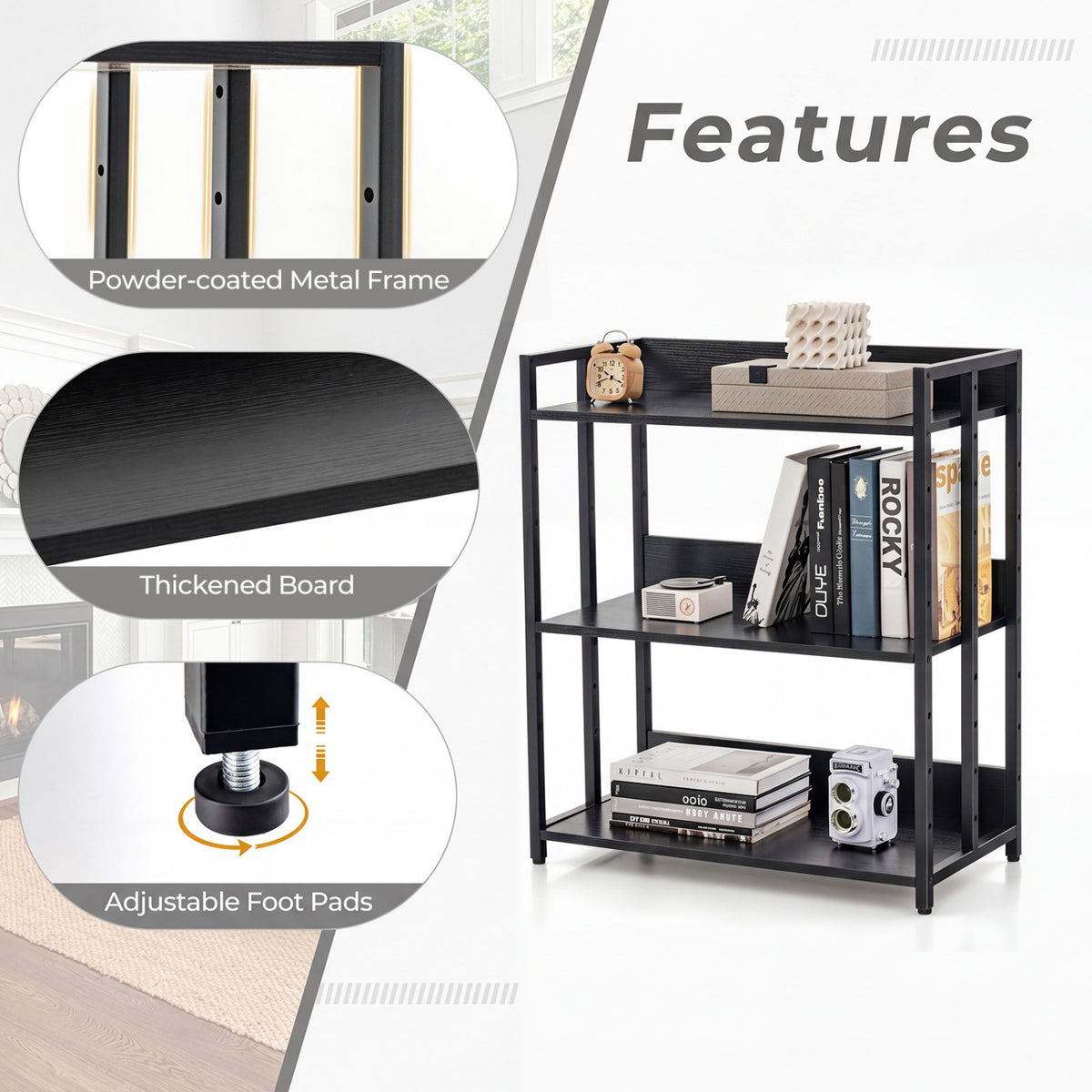 3-Tier Corner Bookshelf with Adjustable Shelves and Anti-Toppling Device for Study-Black view 7