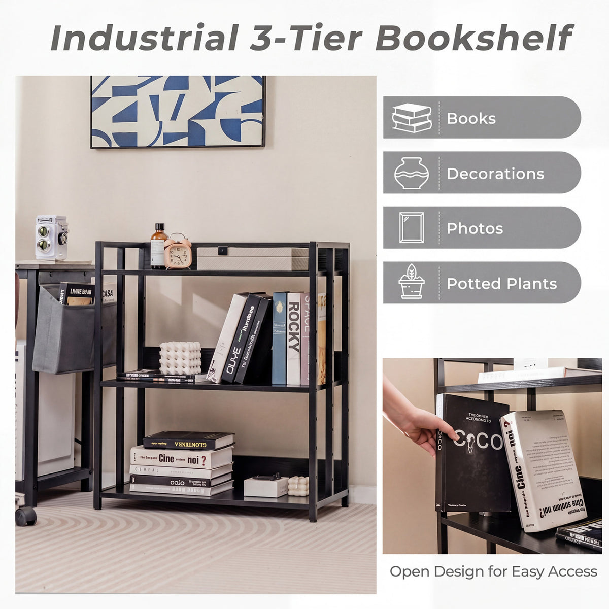 3-Tier Corner Bookshelf with Adjustable Shelves and Anti-Toppling Device for Study-Black view 8
