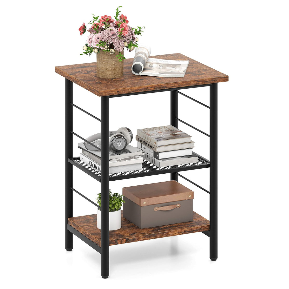 3-Tier End Table Space-Saving Nightstand Industrial Bedside Table for Living Room Bedroom-Rustic Brown view 4