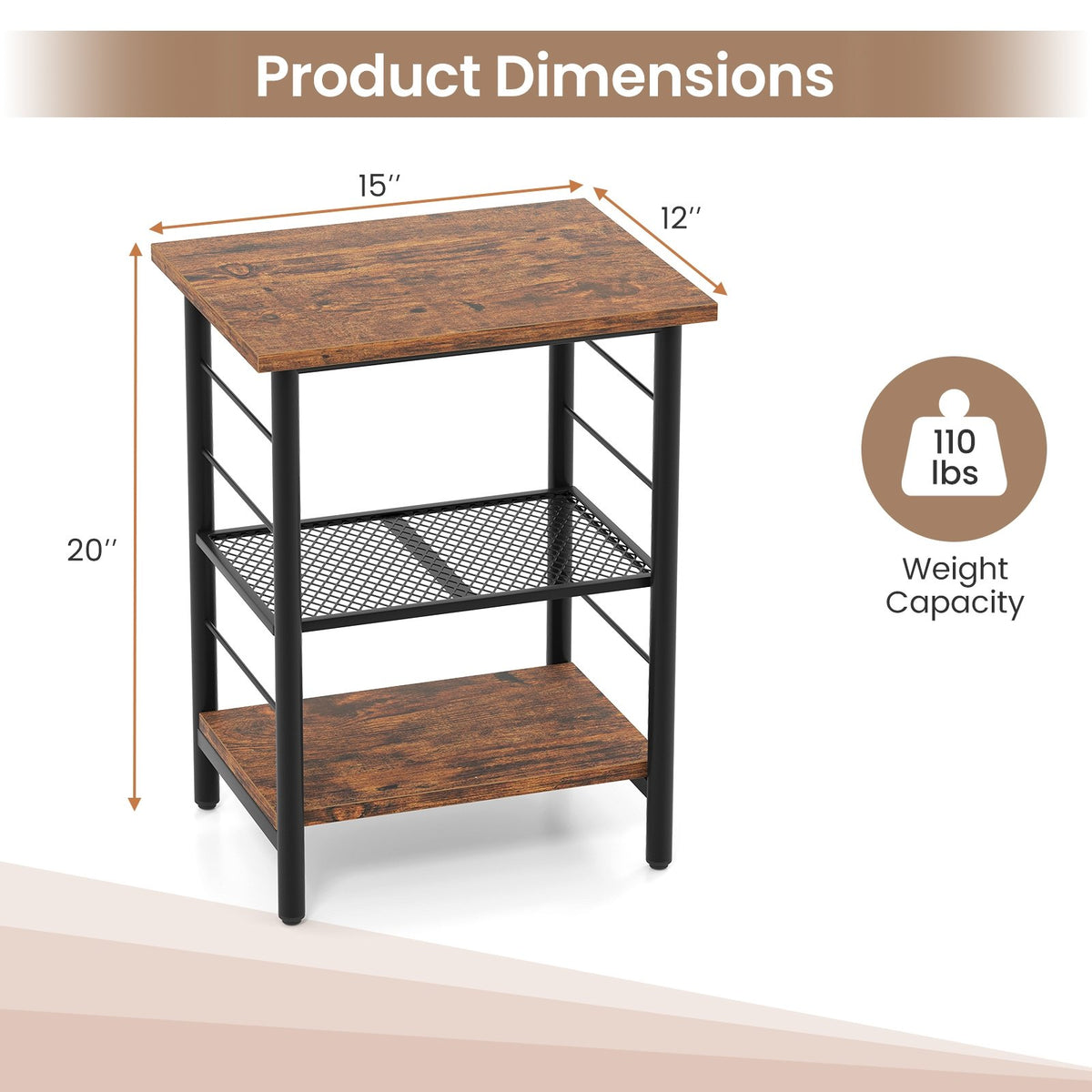 3-Tier End Table Space-Saving Nightstand Industrial Bedside Table for Living Room Bedroom-Rustic Brown view 5