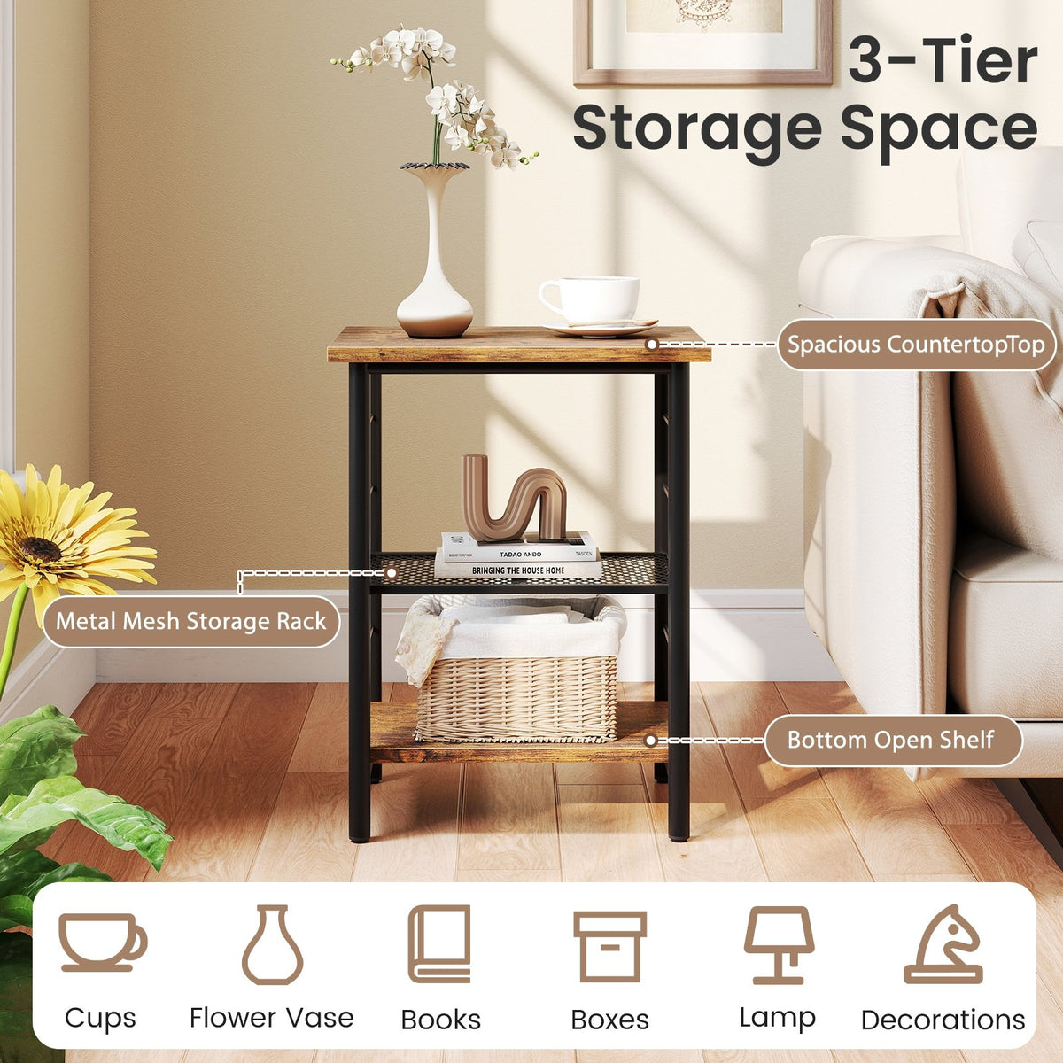 3-Tier End Table Space-Saving Nightstand Industrial Bedside Table for Living Room Bedroom-Rustic Brown view 7