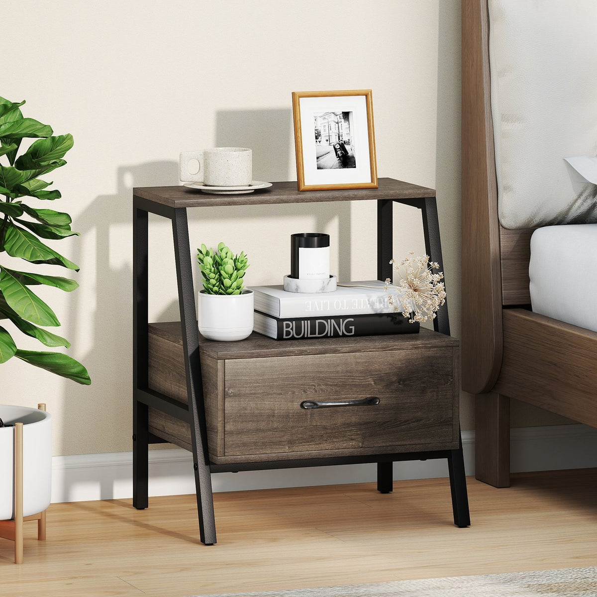 3-Tier Farmhouse Nightstand with Open Shelf view 2