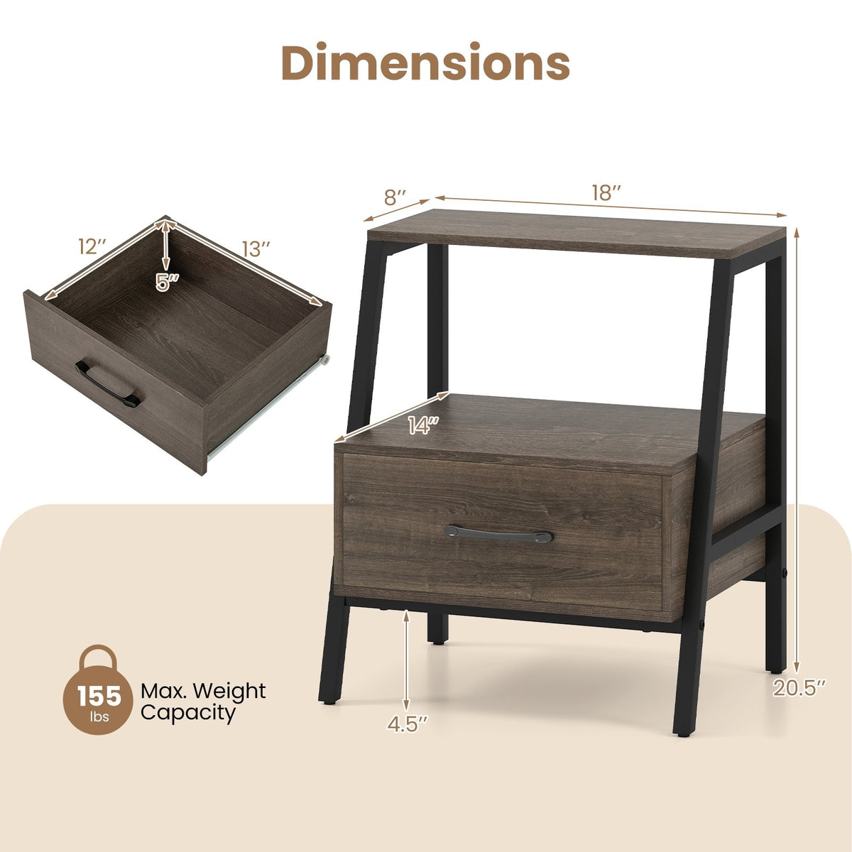 3-Tier Farmhouse Nightstand with Open Shelf view 5