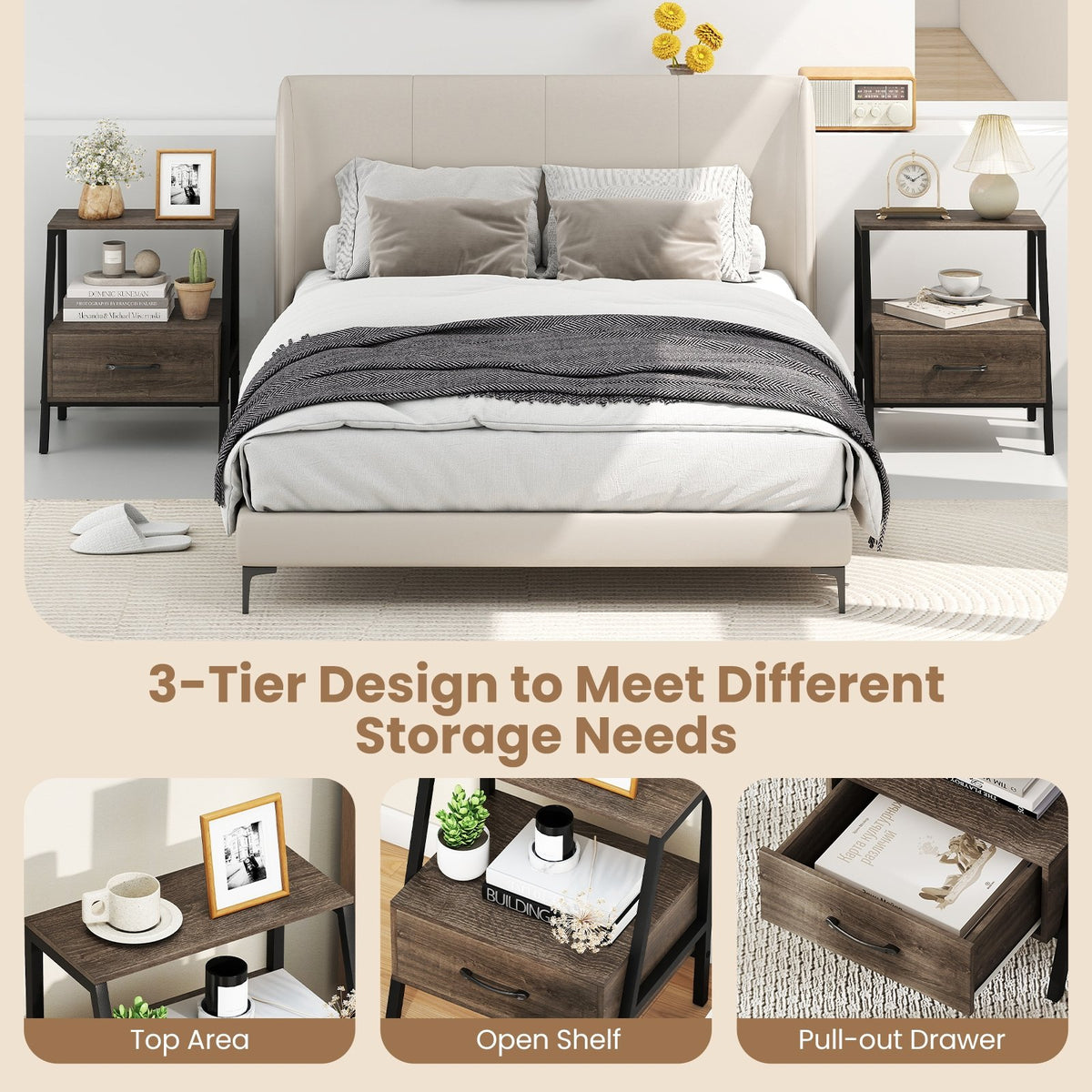3-Tier Farmhouse Nightstand with Open Shelf view 8