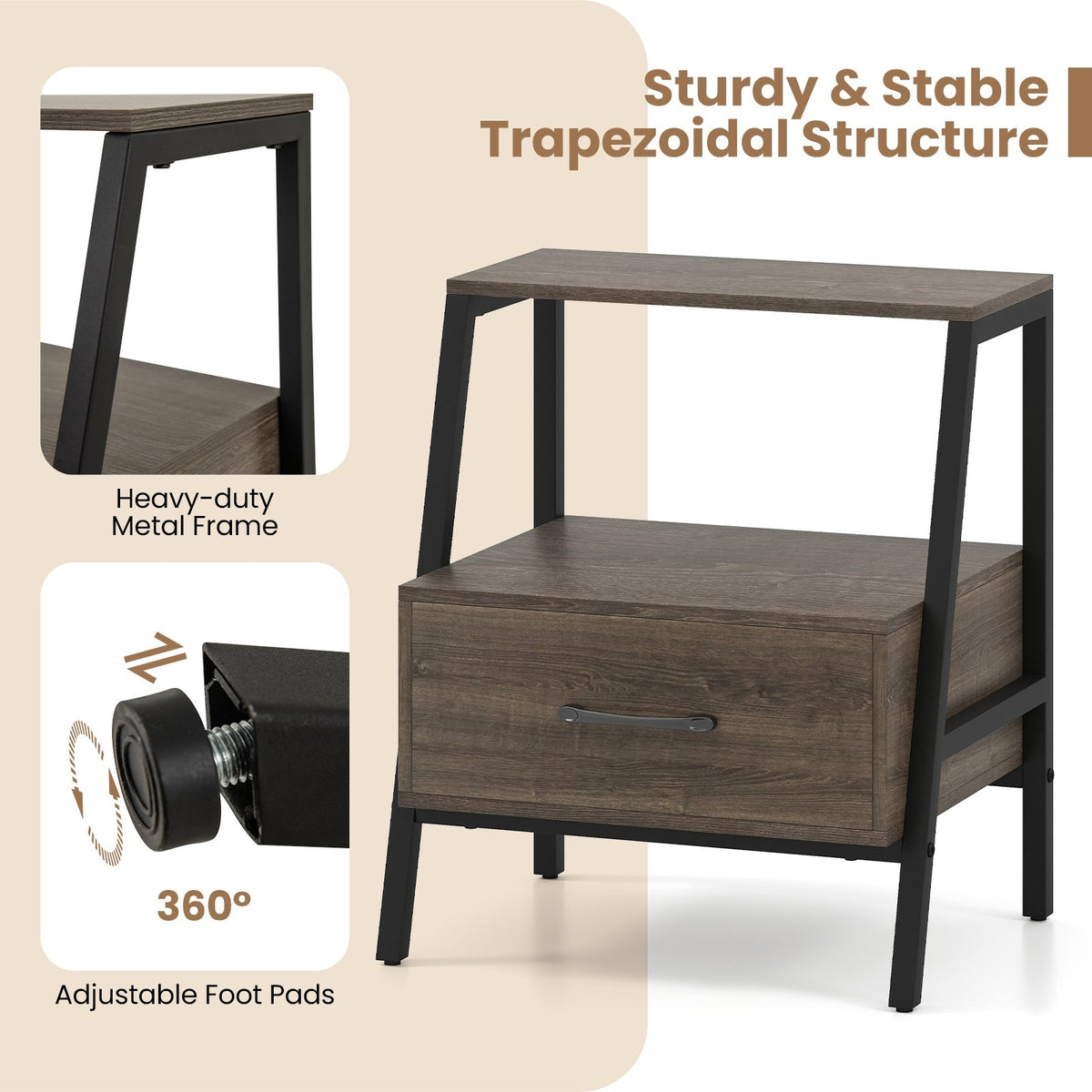 3-Tier Farmhouse Nightstand with Open Shelf view 9