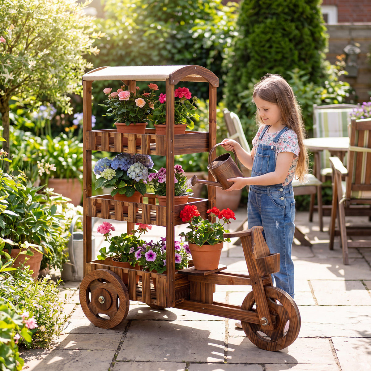 3-Tier Fir Wood Plant Stand with Fabric Canopy and 3 Wheels-Brown view 2