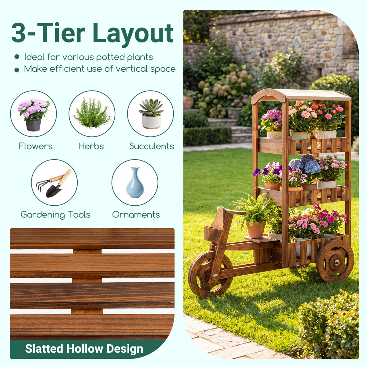 3-Tier Fir Wood Plant Stand with Fabric Canopy and 3 Wheels-Brown view 8