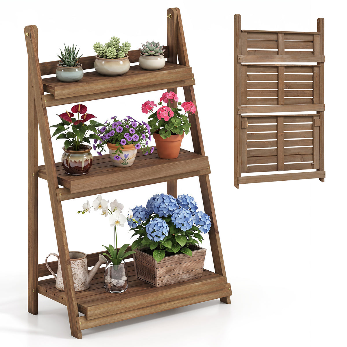 3-Tier Foldable Plant Stand with Slatted Shelves and Fir Wood Frame-Brown view 3