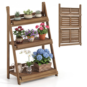 3-Tier Foldable Plant Stand with Slatted Shelves and Fir Wood Frame-Brown view 3