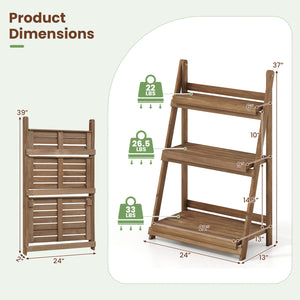 3-Tier Foldable Plant Stand with Slatted Shelves and Fir Wood Frame-Brown view 4