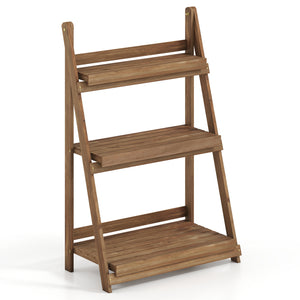 3-Tier Foldable Plant Stand with Slatted Shelves and Fir Wood Frame-Brown view 5