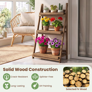 3-Tier Foldable Plant Stand with Slatted Shelves and Fir Wood Frame-Brown view 6