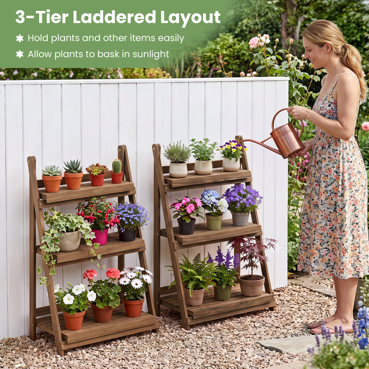 3-Tier Foldable Plant Stand with Slatted Shelves and Fir Wood Frame-Brown view 7