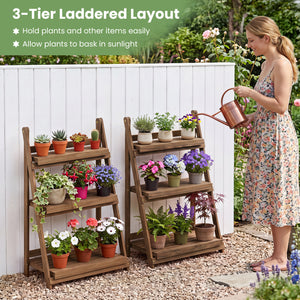 3-Tier Foldable Plant Stand with Slatted Shelves and Fir Wood Frame-Brown view 7