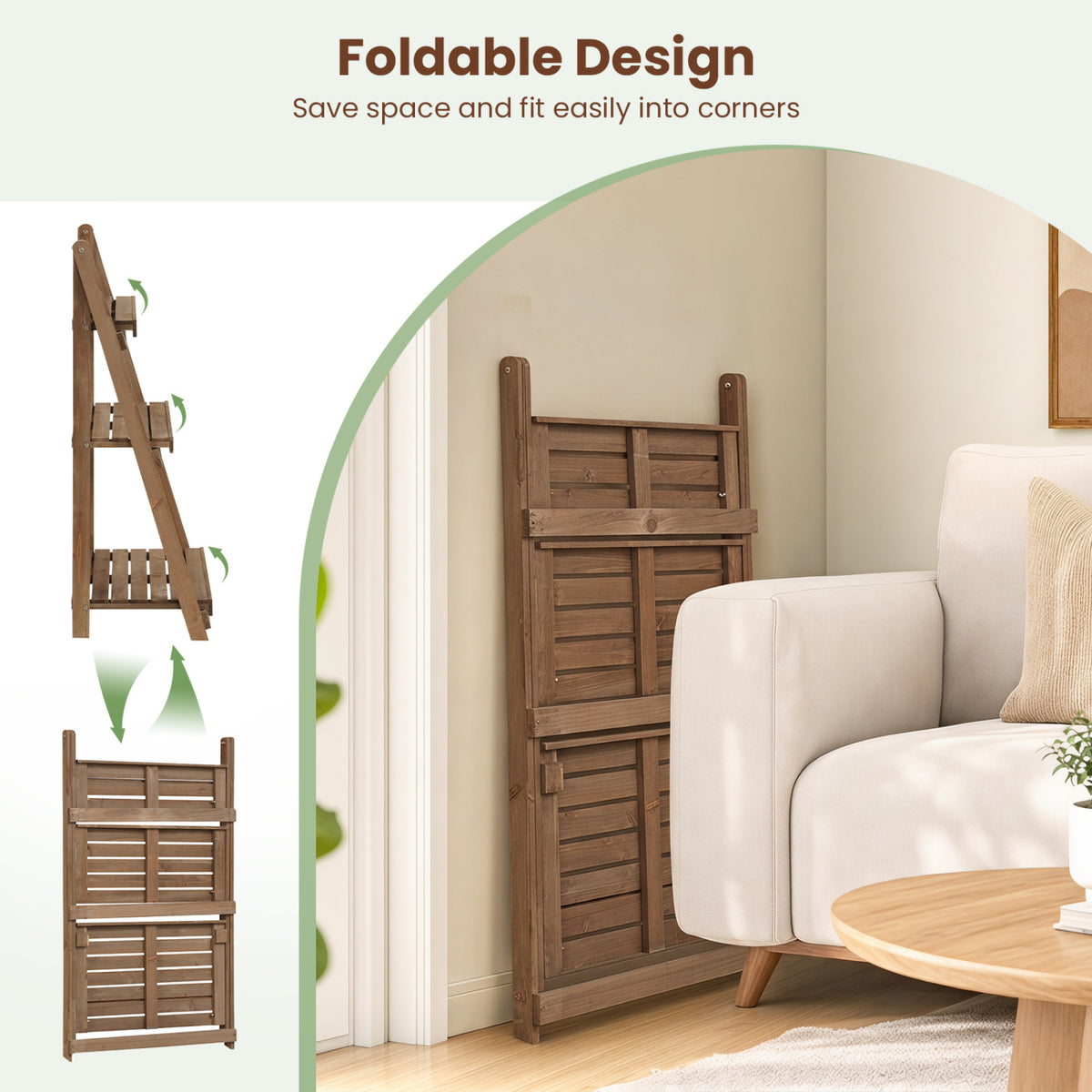3-Tier Foldable Plant Stand with Slatted Shelves and Fir Wood Frame-Brown view 8