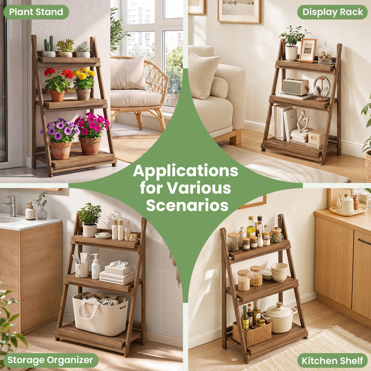 3-Tier Foldable Plant Stand with Slatted Shelves and Fir Wood Frame-Brown view 9