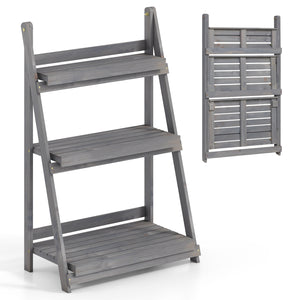 3-Tier Foldable Plant Stand with Slatted Shelves and Fir Wood Frame-Gray