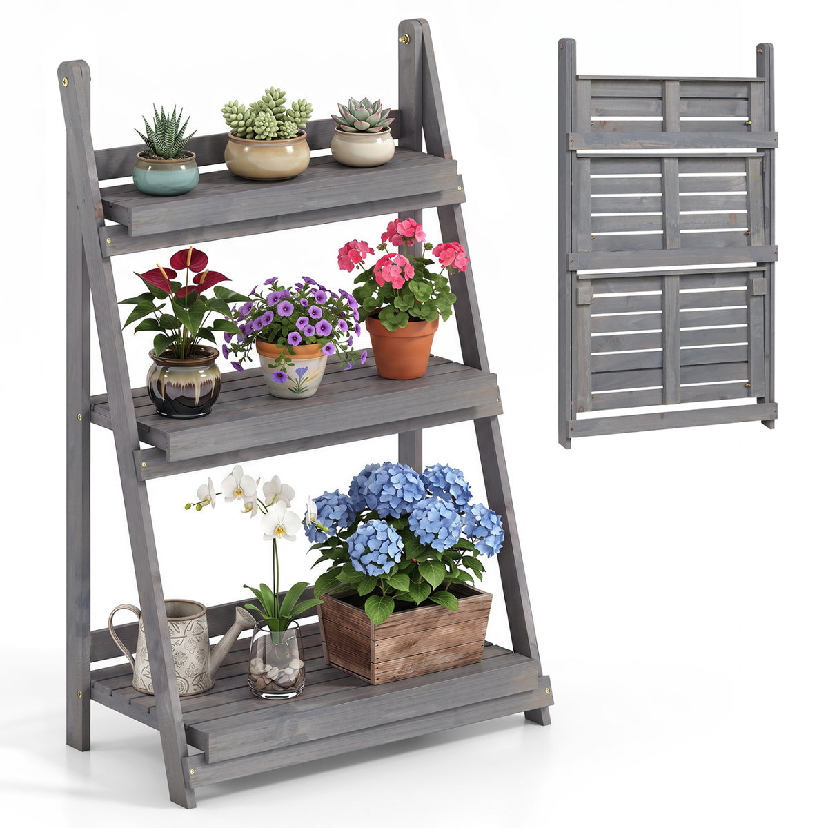 3-Tier Foldable Plant Stand with Slatted Shelves and Fir Wood Frame-Gray view 3