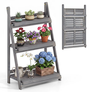3-Tier Foldable Plant Stand with Slatted Shelves and Fir Wood Frame-Gray view 3