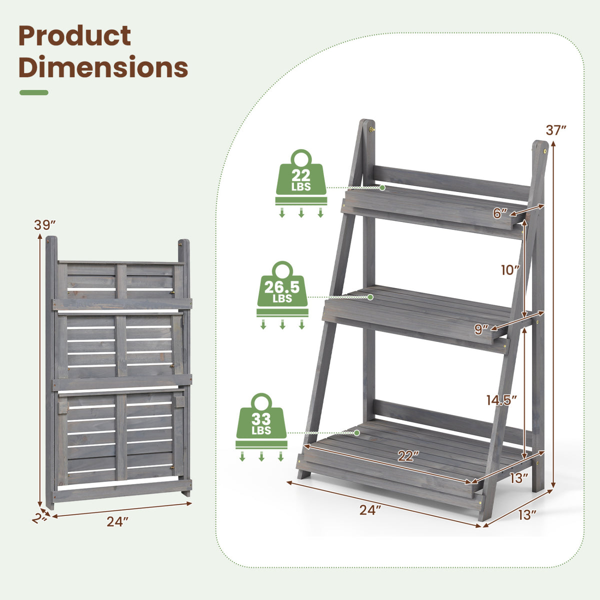3-Tier Foldable Plant Stand with Slatted Shelves and Fir Wood Frame-Gray view 4