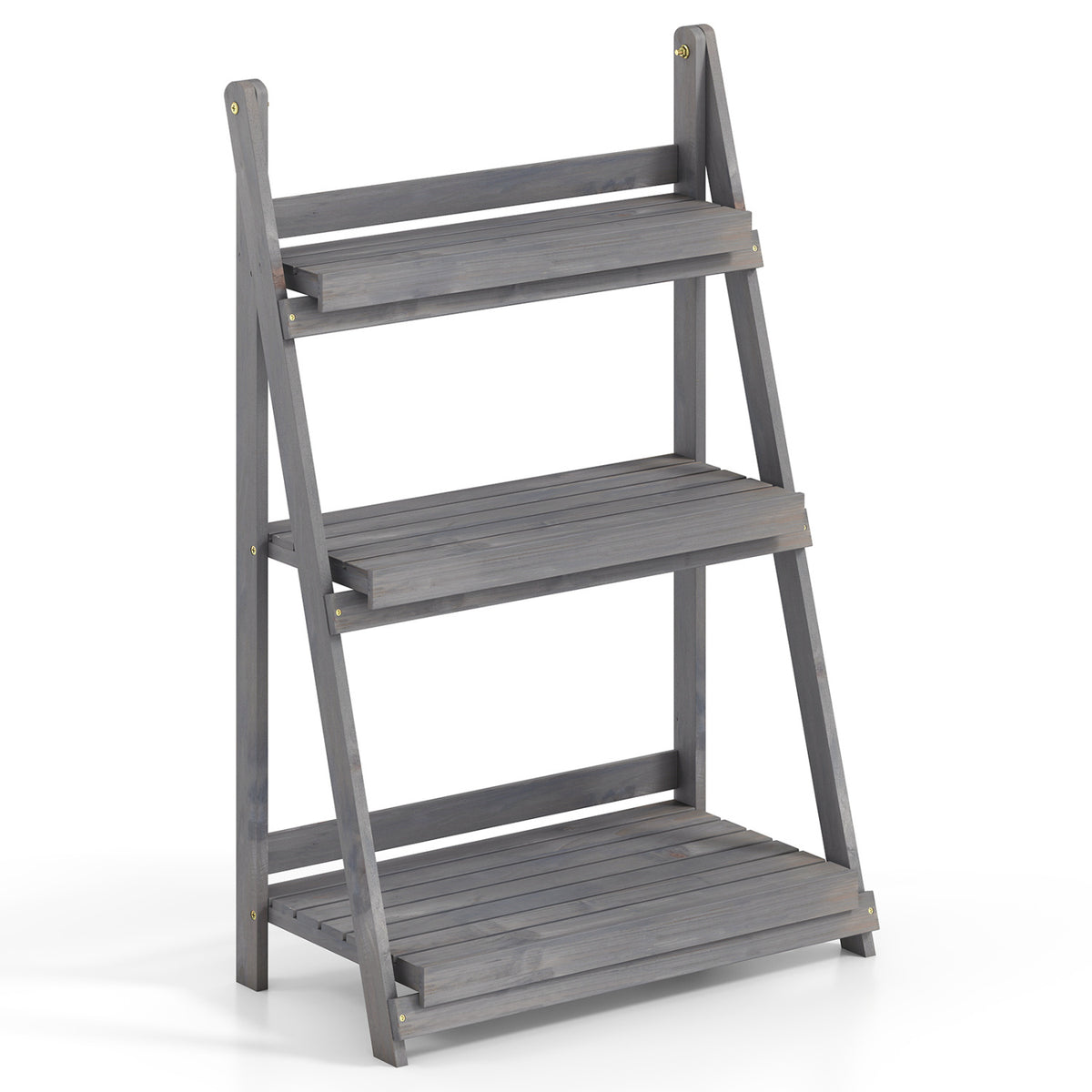 3-Tier Foldable Plant Stand with Slatted Shelves and Fir Wood Frame-Gray view 5