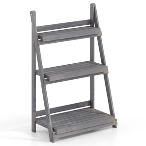 3-Tier Foldable Plant Stand with Slatted Shelves and Fir Wood Frame-Gray view 5
