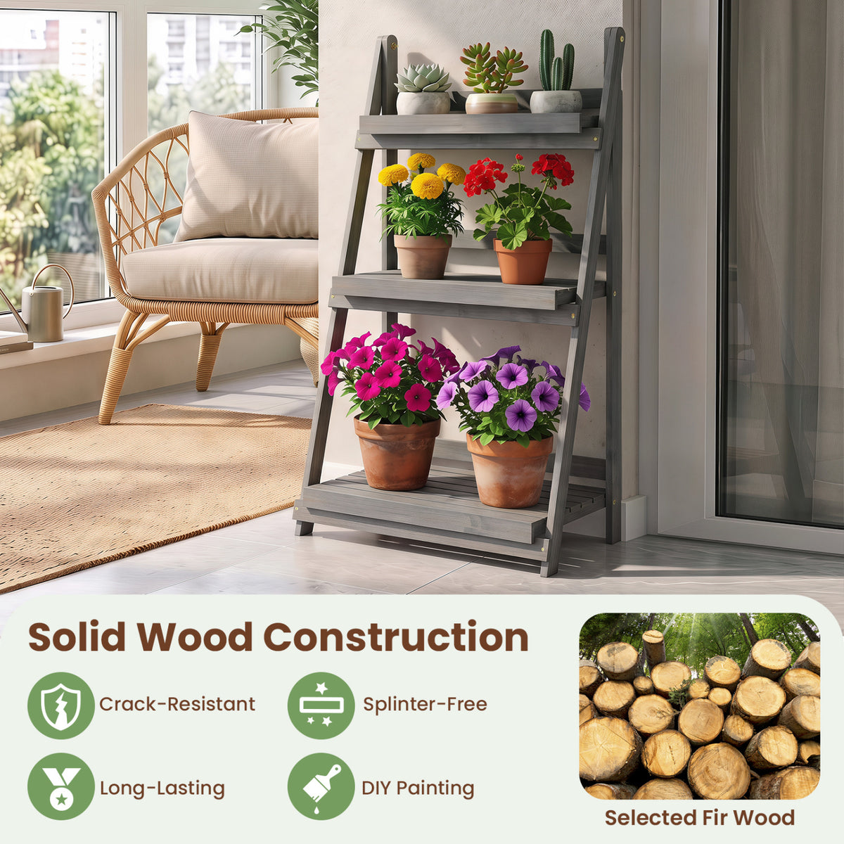 3-Tier Foldable Plant Stand with Slatted Shelves and Fir Wood Frame-Gray view 6