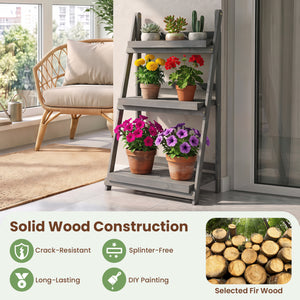 3-Tier Foldable Plant Stand with Slatted Shelves and Fir Wood Frame-Gray view 6